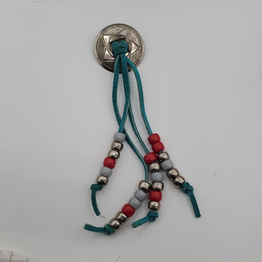Tribal Teal and Red Beaded Brooch with Silver Tone Accents 7 Inch B443